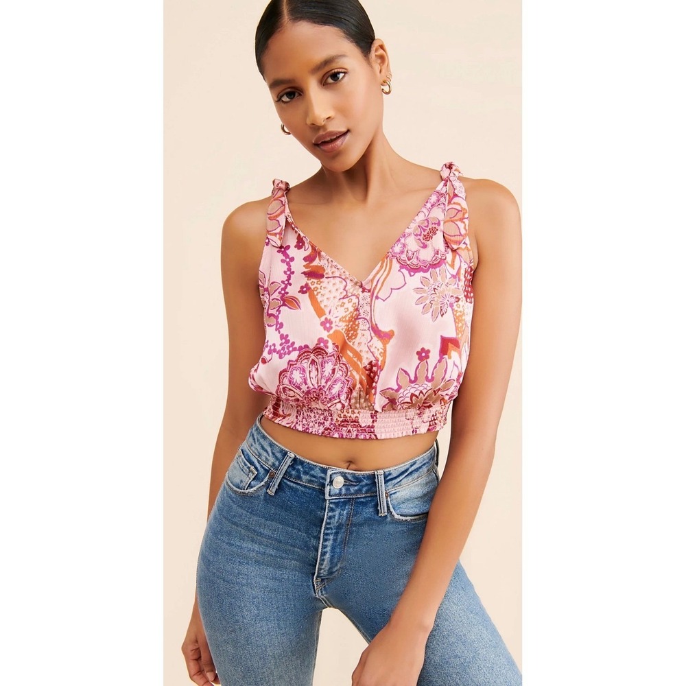 Free People Weekend In Montauk Crop Top smocked elastic hem flouncy‎ tie straps